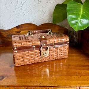 Vintage Wicker Train Case Sewing Box Travel Vanity Case Hong Kong Hand Made